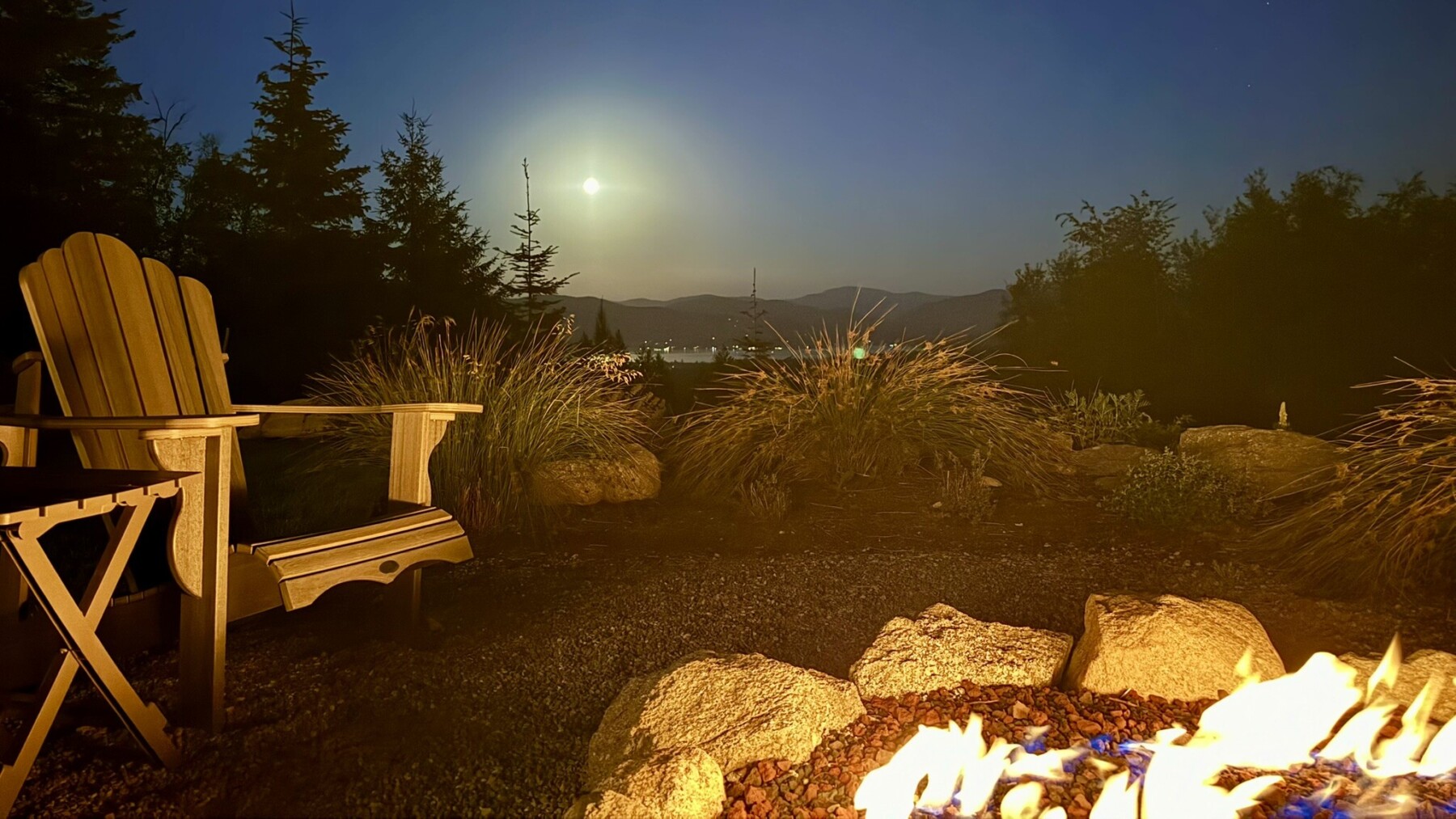 Firelight and Full Moon at Bald Eagle Lodge